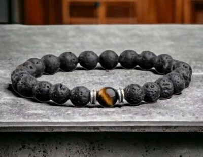 Perlen Armband aus Lavastein Vulkangestein und Tigerauge  Armreif Geschenk  - Bild 1 von 3