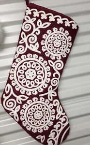Christmas Stocking Machine Appliqued White Stencil on Red Felt - Picture 1 of 7