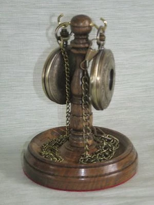 WOODEN DOUBLE POCKET WATCH STAND DARK OAK WOOD HANGER DISPLAY WOOD HOLDER UNIQUE - Image 1 of 4