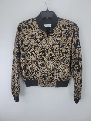 Chaqueta Haley Mujer Mediana Negra Dorada Medallón Bufanda Estampado Recortado Bombardero Foto 1 de 4