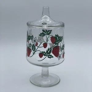 Vintage 8” Strawberry Clear Glass Pedestal Candy Storage Apothecary Jar w Lid - Picture 1 of 8