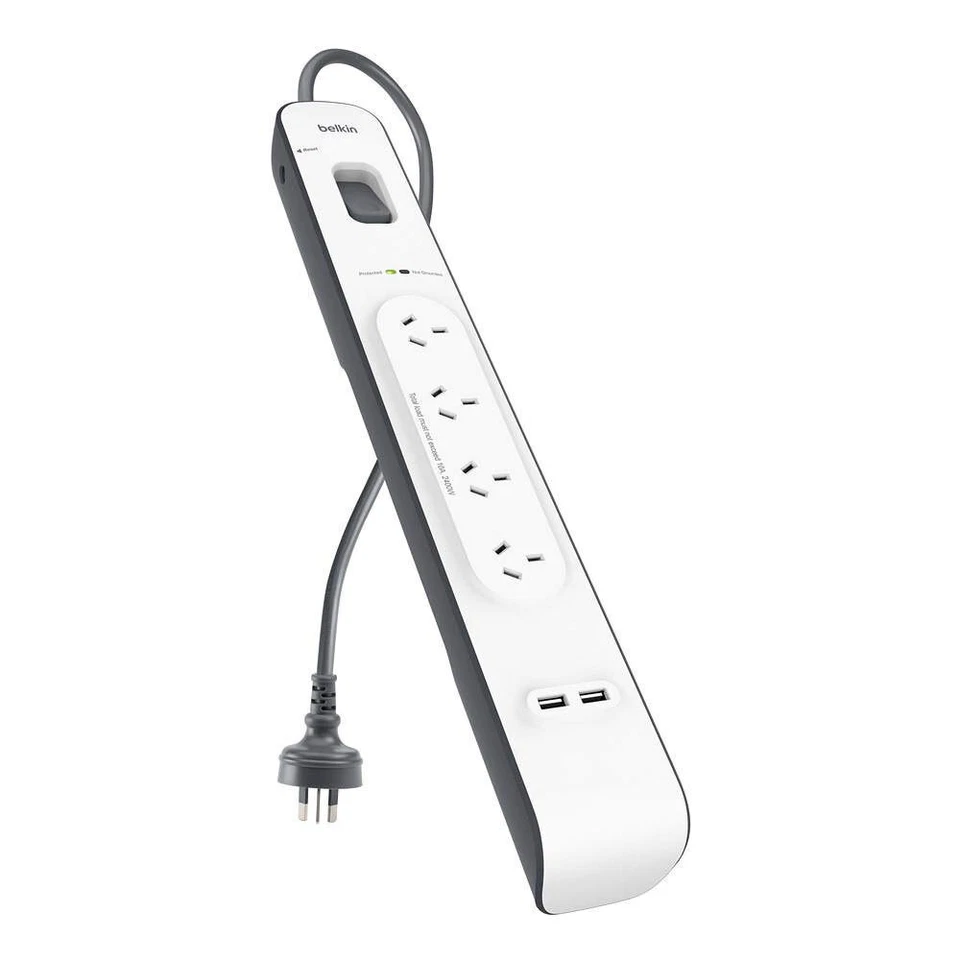 Belkin 4 Way Outlet 2M Surge Protector Strip with 2 USB Ports BSV401AU2M