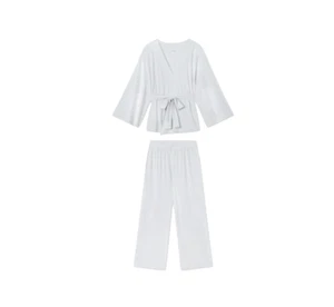 Lake Dream Modal Kimono Pajama Set Womens XXL Blue Fog White Stripe Pants Top - Picture 1 of 14