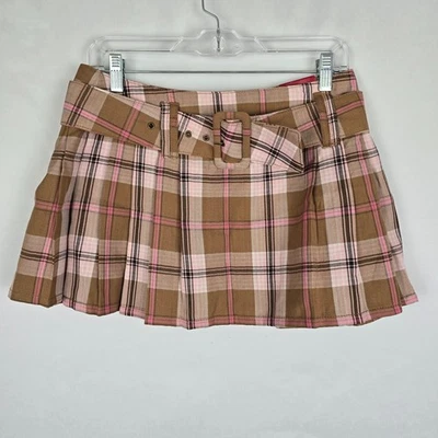 Bongo Pleated Skirt Juniors 5 Tan Pink Plaid Mini Belt Side Zip NWT - Image 1 of 4