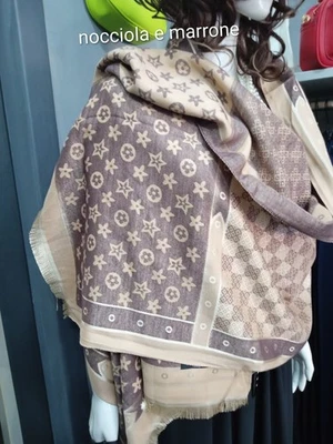Sciarpa Sciarpone Nocciola E Marrone Cashmere Lana Viscosa Caldo  Double Face  - Immagine 1 di 4