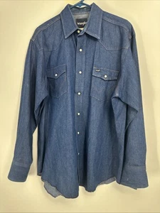 Vintage Wrangler Sanforized Blue Denim Pearl Snap Shirt Size 17.5x35 USA Western - Picture 1 of 5