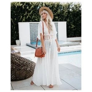 White Lace Swim Dress Beach Robe Bikini Cover Up Resort Swimwear Swim Shirt - Picture 1 of 6