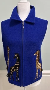 Vintage Lisa International Giraffe Vest Womens Small Blue Boiled Wool Zip - Picture 1 of 10