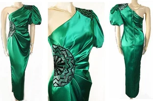 VINTAGE MISS BERGDORF EVENING GOWN SATIN BEADED ONE SHOULDER ART DECCO - Picture 1 of 5