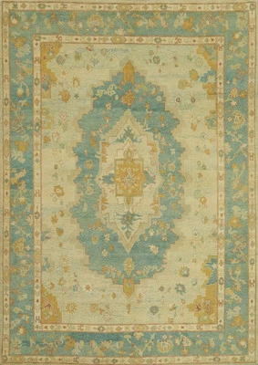 Transitional Blue Oushak Turkish Rug 9x12 Ft Hand-Knotted Vegetable Dye Carpet - Image 1 of 4