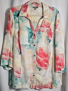 JM Collection Womens Button Shirt Top Size 18W 100% Linen Floral Summer - Picture 1 of 7