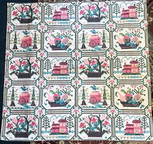 Vtg Mid Century Markwood Fabrics Vat Print Bark Cloth Tablecloth Cross Stitch - Picture 1 of 5