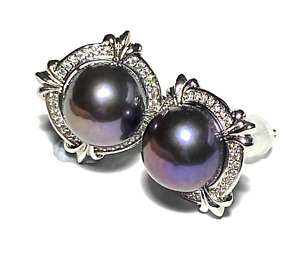Stunning 10-10.5mm Edison Purple Black Blue Round Cultured Pearl Stud Earrings