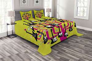Music Quilted Bedspread & Pillow Shams Set, Guitars for Rock Stars Print