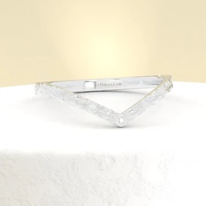 Sun Motif Chevron Ring 18K White Gold Dainty Sunburst V Shaped Band Stackable - Picture 1 of 6