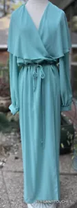 Vintage The Gilberts for Tally Chiffon Maxi Dress S Green Teal Belted Flowy Wrap - Picture 1 of 13