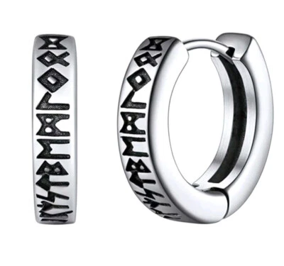 Pendientes de aro redondos de runas vikingas de acero quirúrgico para hombre y mujer Foto 1 de 3