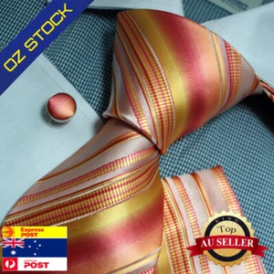 Epoint PH1128 Silk Neck Tie Orange Gold Striped In Bulking Presents Cuff Hanky - Picture 1 of 4