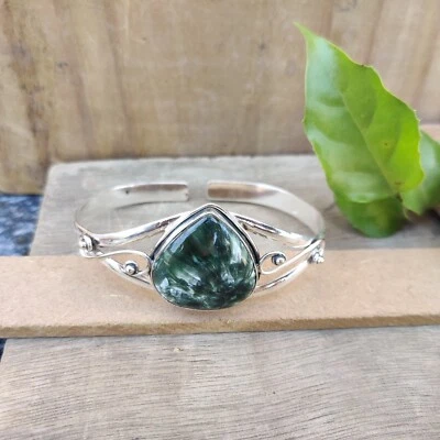 Bonito brazalete de piedras preciosas de serafinita de plata de ley 925 regalo de boda artículo hecho a mano Foto 1 de 4