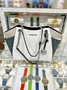 Michael Kors Jet Set Women Large Signature Logo Shoulder Tote Bag Optic White - Picture 1 of 15