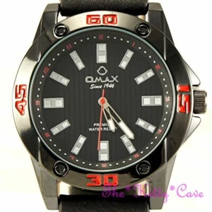 OMAX Elegante Deportivo Negro y Rojo, Suizo Seiko Movt Espeso Cuero Reloj OAS183 - Picture 1 of 12