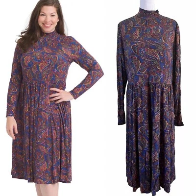 Nuevo con etiquetas Vestido Acampanado ModCloth Estampado Cachemira Cuello Simulado Azul Rojo Academia Granny XL Foto 1 de 4