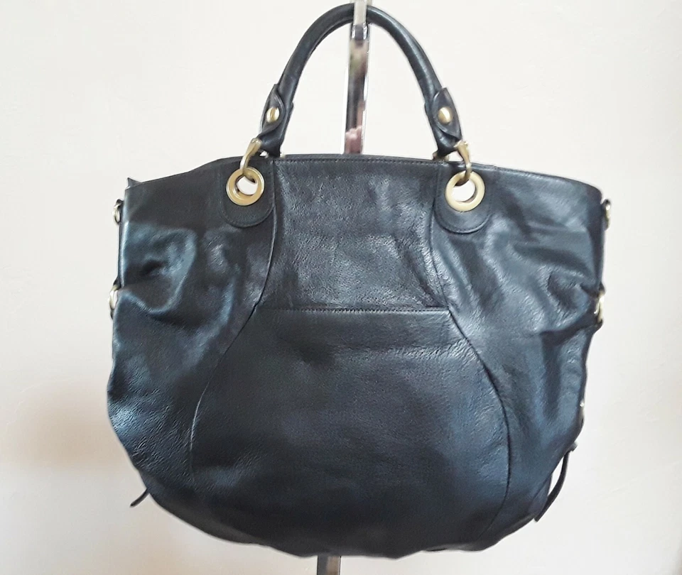 Bolso de Mano Fenn, Wright and Manson Cuero Guijarro Negro Asa Superior Dorado HW XL Foto 1 de 4