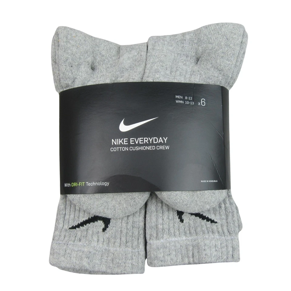 Nike Everyday Cushion Unisex Crew Socks Size Large - Gray 6 Pair (SX7666)