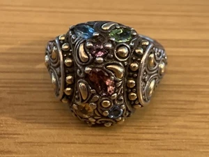 ANELLO VINTAGE FIRMATO BJC ARGENTO STERLING ORO GIALLO 18K MULTI GEMMA ROTOLO 9 - Foto 1 di 7