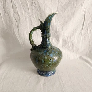 Turquoise Splatter Drip Glaze Urn Pitcher Vase Blue/Green Vintage MCM Pottery  - Picture 1 of 24
