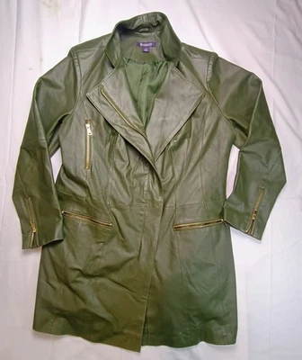 Roaman's Women's Mid Length Green Leather Zip Jacket Early 2000’s Size 14W - Image 1 of 4