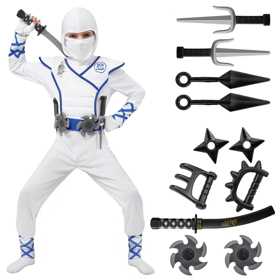 Halloween Ninja Costume for Kids - White Outfit Set with Accessories 5-7 yrs - Image 1 of 4