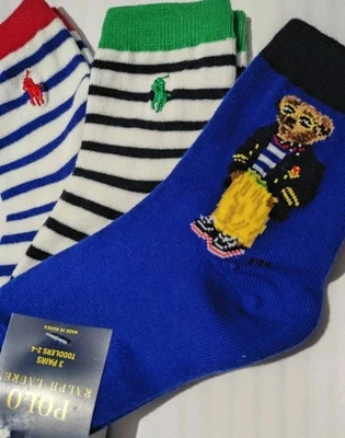 2-4T Niños Pequeños Polo Ralph Lauren Polo Oso Marinero Rayas Calcetines 3 Pares  Foto 1 de 4