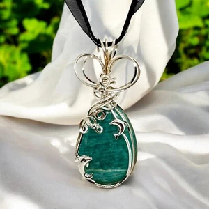 Amazonite Green Stone Pendant Necklace ~ Wire Wrapped Pendant Ocean Theme~ - Picture 1 of 2