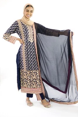 Свадебный дизайнерский индийский пакистанский костюм Salwar Kameez Bollywood PartyWear синий - S - Изображение 1 из 4