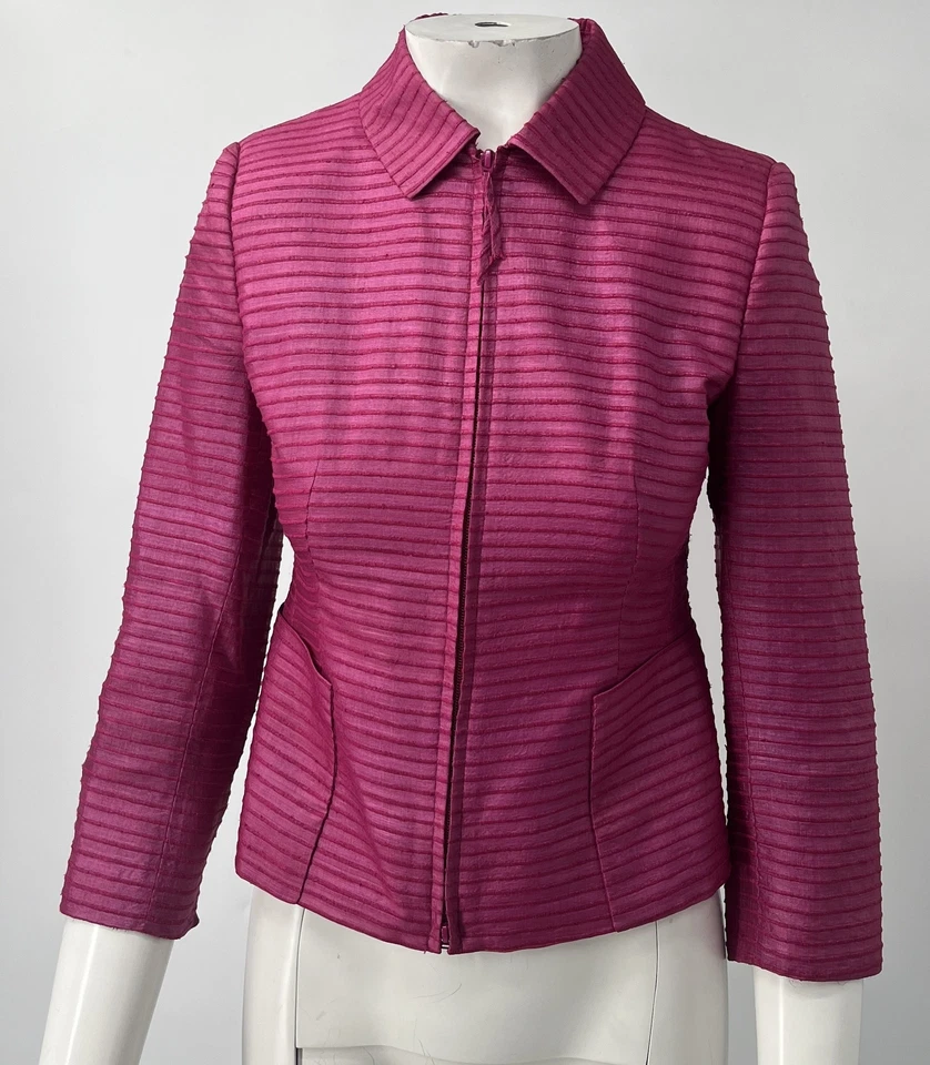 Akris Punto ALTERED Pink Contrast Embroidered Silk 3/4 Sleeve Jacket sz 4 - Image 1 of 4