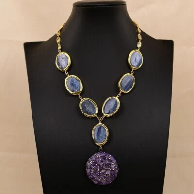Натуральный синий кианит кварца Cz цепочка ожерелье большой фиолетовый аметист подвеска - Изображение 1 из 4