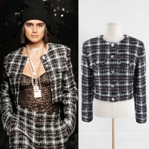 NWOT CHANEL 21A BLACK WHITE PINK CHECK WOOL TWEED SHORT JACKET FR36 - Picture 1 of 6