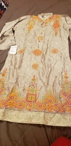 Pakistani / Indian Women's Beige Embroidered Silk Kurti Size Medium  - Picture 1 of 6