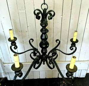 Antique Vtg Scrolled Iron & Wood Column French Country Chandelier - Picture 1 of 12