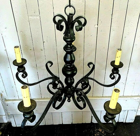 Antique Vtg Scrolled Iron & Wood Column French Country Chandelier Cover
