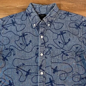 J Crew Denim Shirt Mens Small Cotton Button Down Blue Boat Anchor Print - Picture 1 of 9
