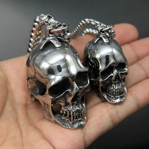 Collana uomo pesante grande argento teschio acciaio inox biker ciondolo roccia retrò - Foto 1 di 32