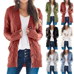 Damen Strickjacke Knopf Cardigan Lange Mantel Freizeitjacke Outwear Winterjacke - Bild 1 von 15