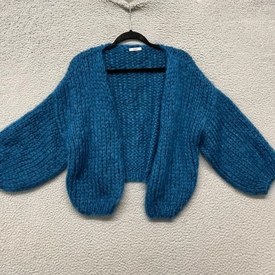 Maiami Bomber Cardigan Womens XS Blue Open Knit Mohair Luxury Oversized Handmade - Image 1 of 4