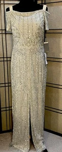 Adrianna Papell Long Beaded Dress Gown Sz 12 Gray Beige Sequin Pearls Cap Sleeve - Picture 1 of 17