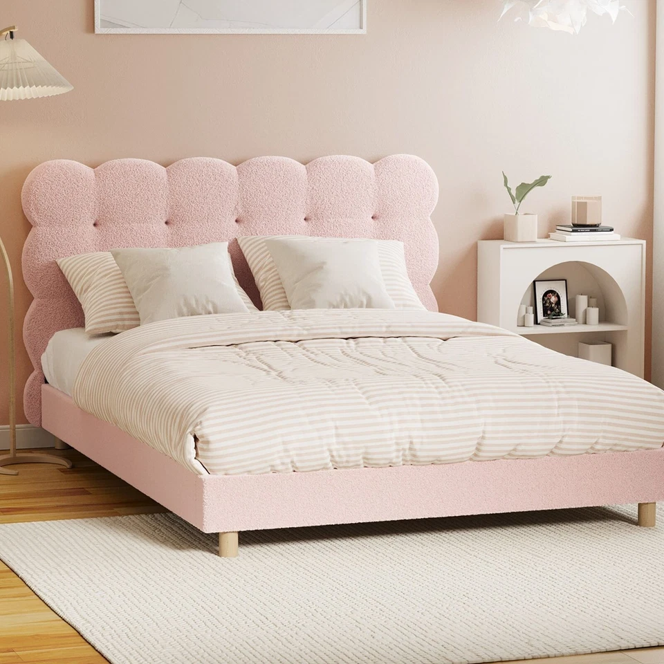 Oikiture Bed Frame Double Size Tufted Bedhead Boucle Fabric Pink - image 1 of 4