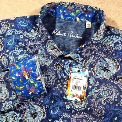 Robert Graham NWT Titus Shirt 2XL Tonal Blue Paisley Floral Trim Classic Fit - Image 1 of 4