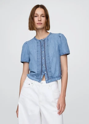 Denim lavado claro manga abullonada ribete encaje talla M Boho Cottagecore Foto 1 de 4