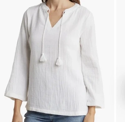 NEW C&C California Nolan Bell Sleeve White Gauze Tassel Tunic Large - Image 1 of 4